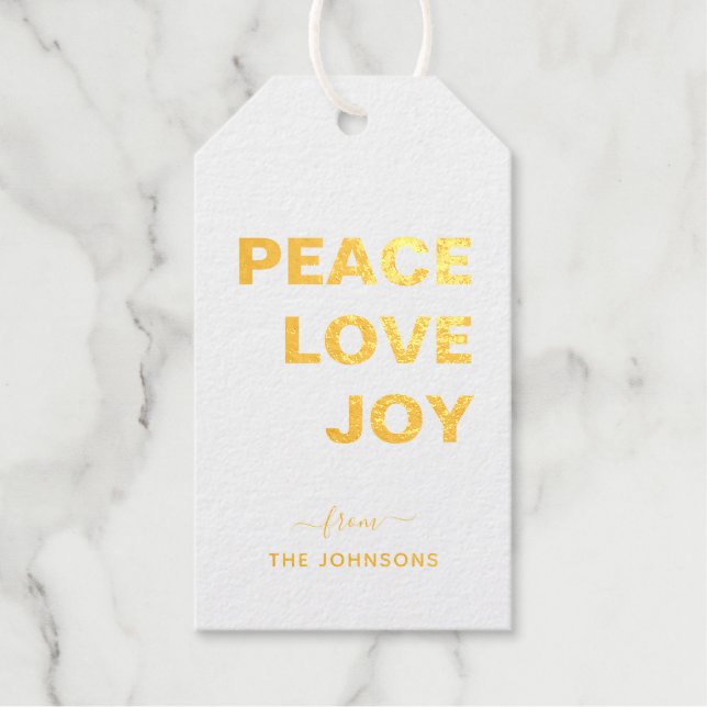 Étiquettes Cadeaux 'Peace Love Joy' Feuille d'or de vacances Balises  (Recto)