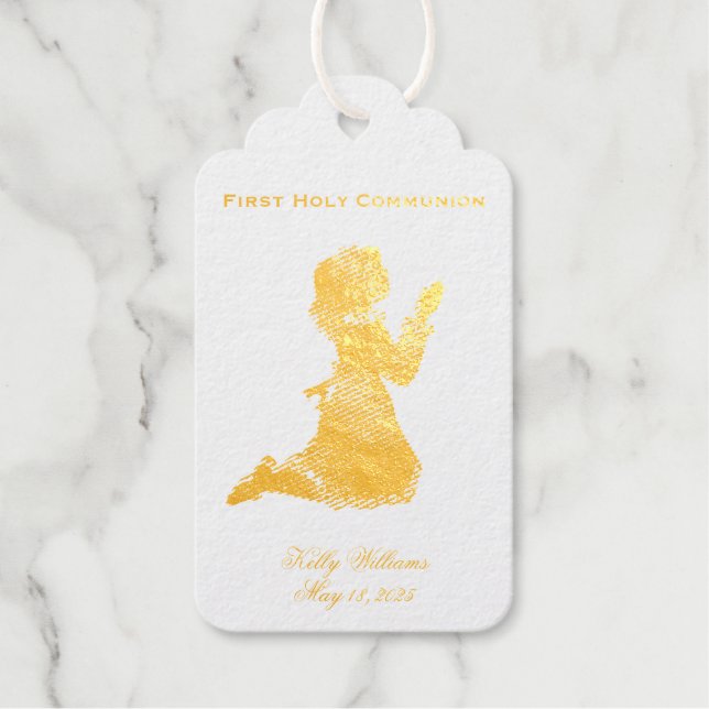 Étiquettes Cadeaux Première Sainte Communion priant fille or Élégant (Recto)