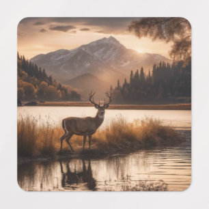 Étiquettes Cerf énorme à la ramure sur un lac de montagne