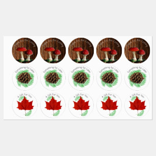 Étiquettes Champignons, feuilles rouges et fougères