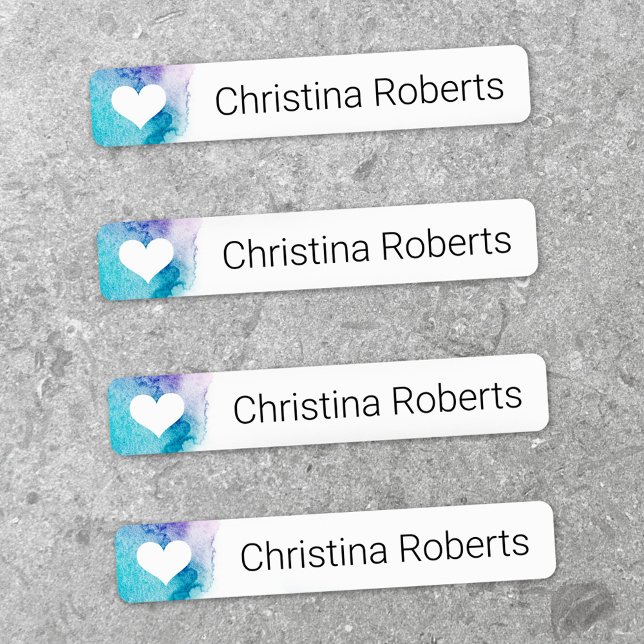 Étiquettes Coeur sur l'aquarelle vêtements personnalisés nom  (Heart on watercolor custom name fabric clothing labels)