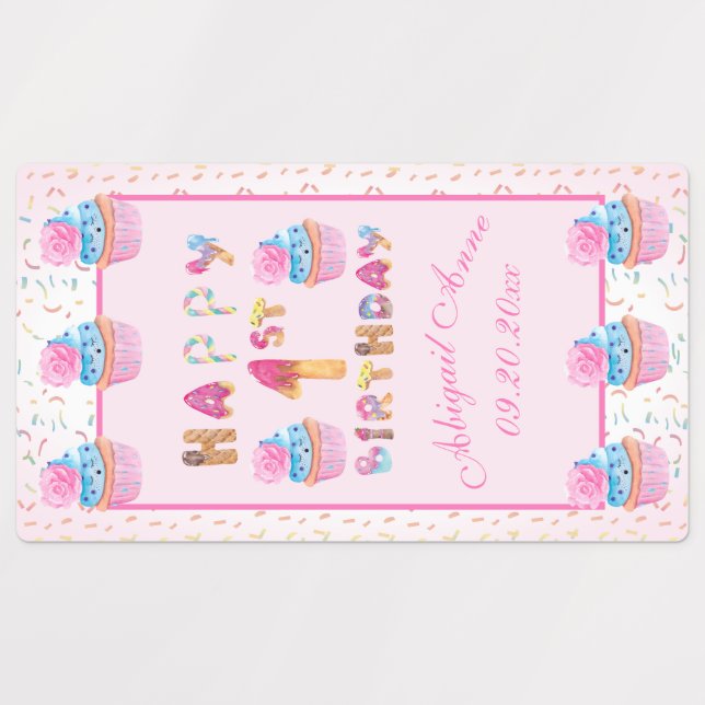 Étiquettes Cute Girls Cupcakes Happy 1er Anniversaire Étiquet (Design 1)