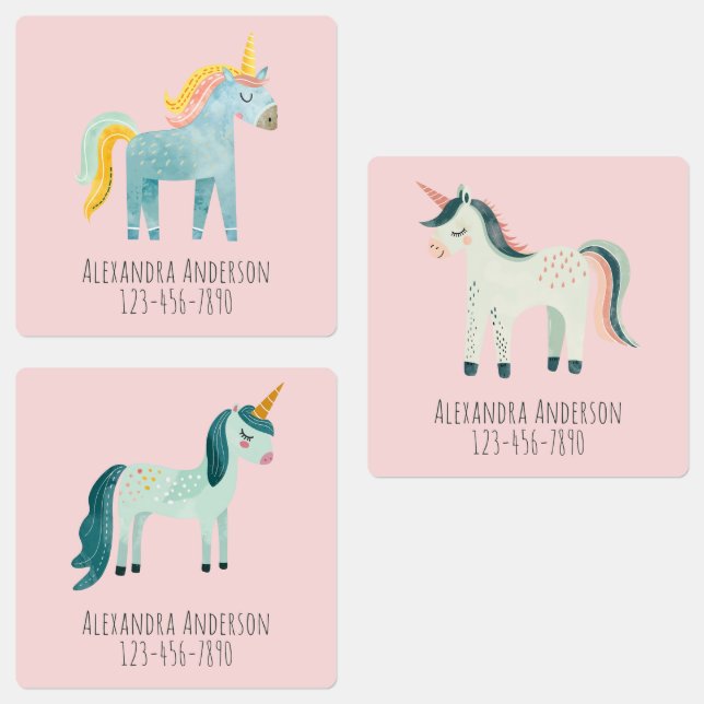 Étiquettes Cute Watercolor Unicorn Girl Name (Groupe)