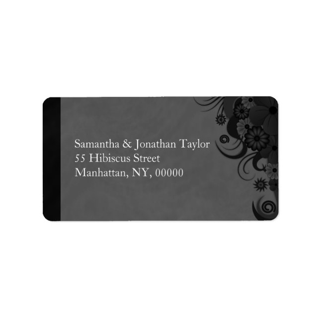 Étiquettes d'adresse de grand retour florales noir (Devant)