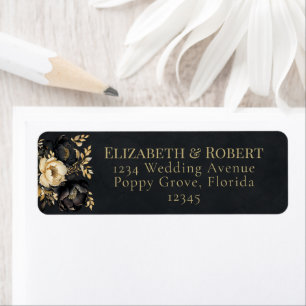 Étiquettes d'adresse de mariage Paonies Noir & Or