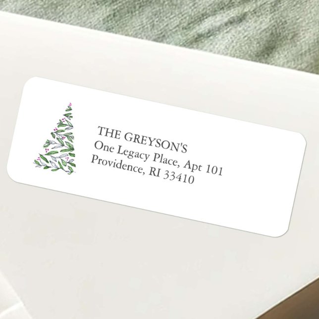Étiquettes d'adresse de retour de Noël simples (Christmas tree return address labels simple watercolor line art by Victoria Grigaliunas DoTellABelle)