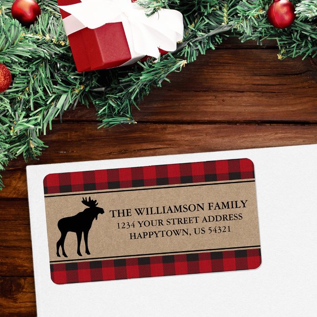 Étiquettes d'adresse de retour Red Plaid Moose Kra (Customize to change text size or text style.)