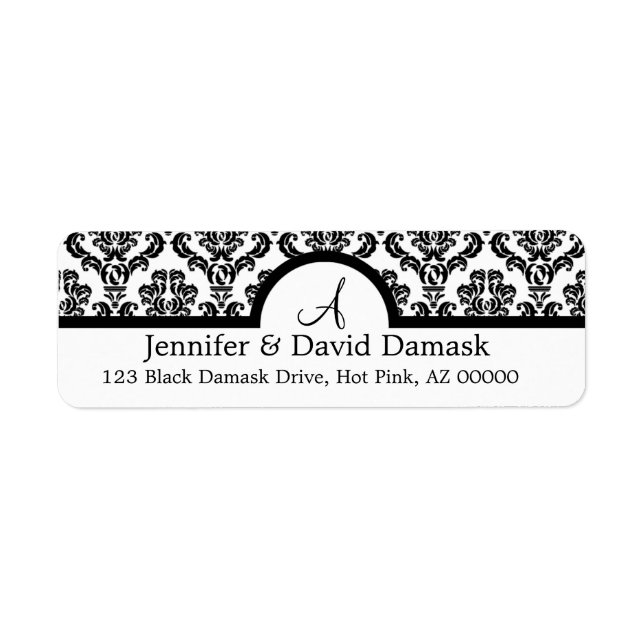 Étiquettes de adresse de monogrammes Damas noirs (Devant)