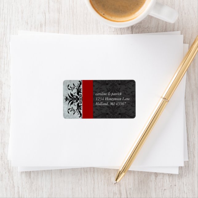 Étiquettes de adresse Red Grey Damask - (En situation)