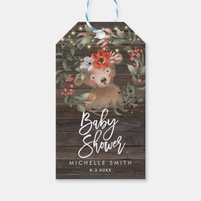étiquettes de baby shower de l'ours de bois rustiq (Devant)