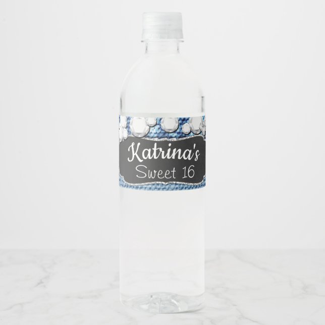 Étiquettes de bouteilles d'eau Denim et Diamonds (Devant)