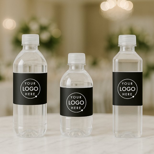 Étiquettes de bouteilles d'eau | Housse de logo d' (Sleek black company branded water bottle label wraps for small business events & promotional swag.)