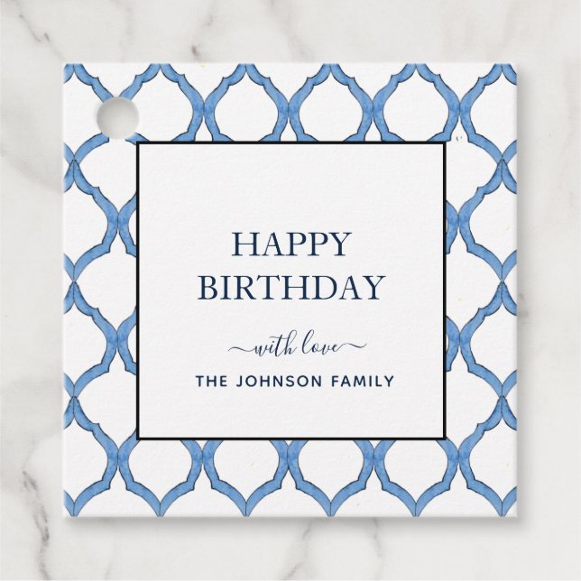 Étiquettes de cadeau Anniversaire bleu aquarelle & (Devant)