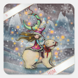 Étiquettes de Cadeau de Lutin de Noël Chevauchant 