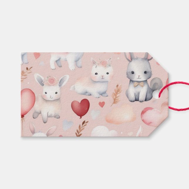 Étiquettes de faveur Cupidon Bunny & Lamb - Rose e (Devant (Horizontal))