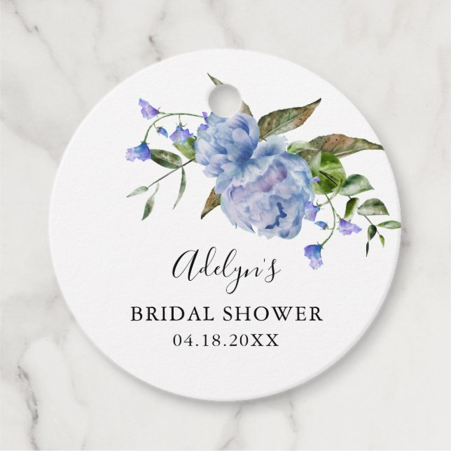 Étiquettes de faveur de mariage floral bleu rustiq (Devant)