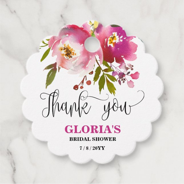 Étiquettes de faveur de mariage floral pourpre (Devant)