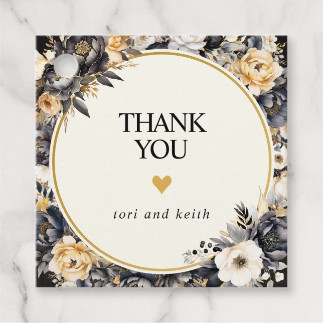 Étiquettes de faveur florales noir et blanc (Devant)