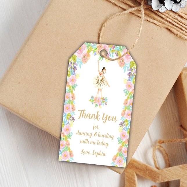 Étiquettes de fête modifiables rose pour filles à  (Floral Ballerina Birthday Gift Tags)