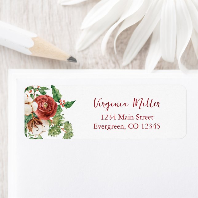 Étiquettes de l'adresse de retour des fêtes botani (Red Green Cream Botanical Personalized Holiday Return Address Labels by Painted Paperie
)
