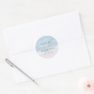 Étiquettes de mariage Modern Script Sand Hearts Be