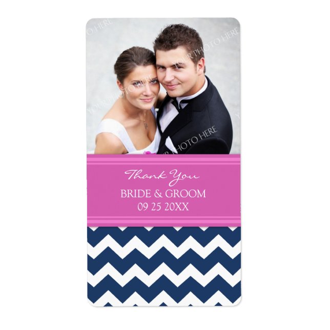 Étiquettes de mariage photo bleu rose Chevron (Devant)