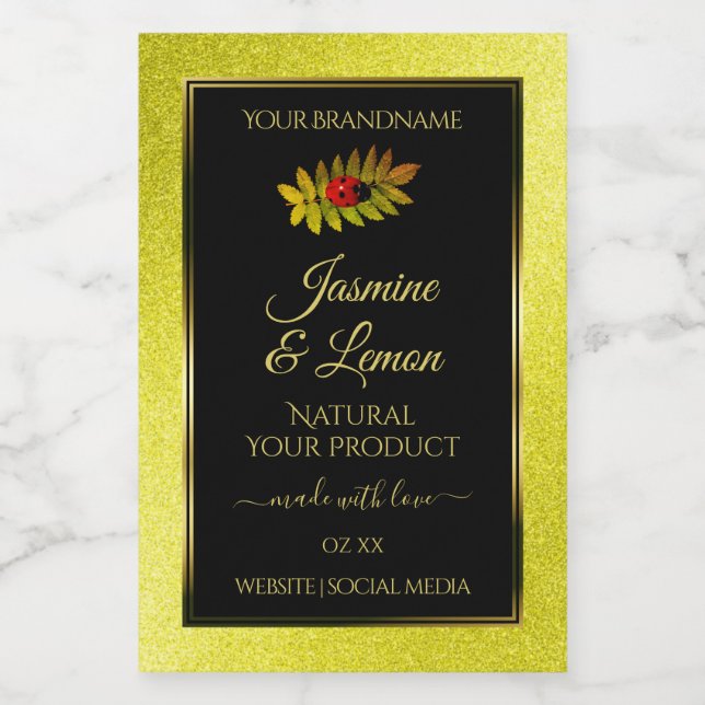 Étiquettes de produit noires avec paillettes jaune (Étiquettes simples)