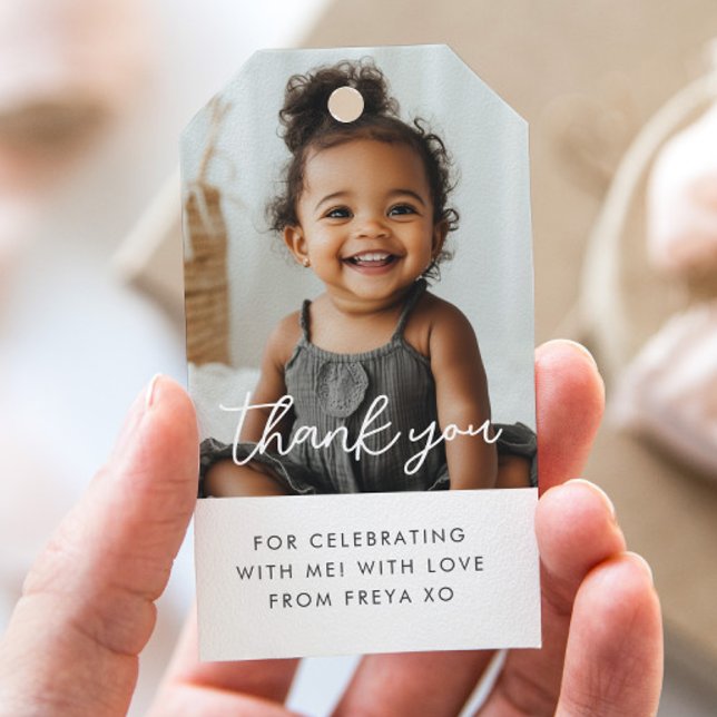 Étiquettes de remerciement pour cadeau avec photo (Zazzle Photo Script Girl Thank You Gift Tags)