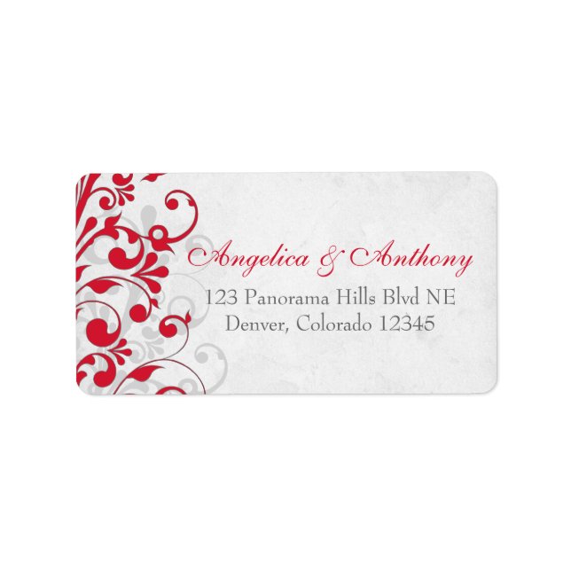 Étiquettes de retour du Mariage floral gris-rouge (Devant)