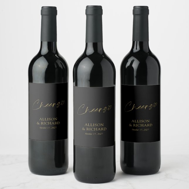 Étiquettes de vin Mariage noir et or personnalisés (Bouteilles)