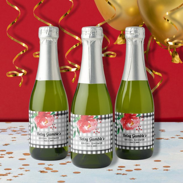 Étiquettes de vin pétillant mini Rose rouge sur ca (Red rose on black and white gingham mini sparkling wine bottle labels)