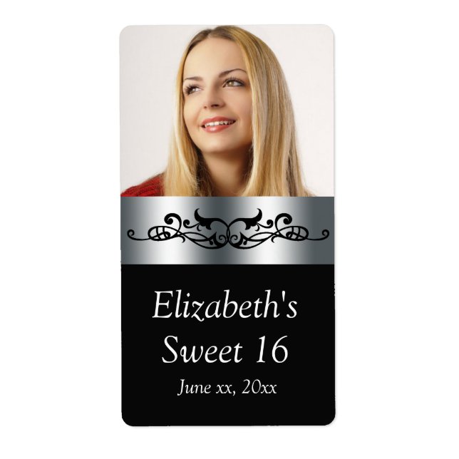 Étiquettes d'eau noir et argent pour Sweet Sixteen (Devant)