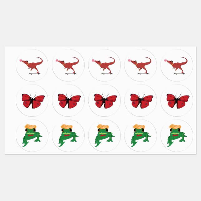 Étiquettes Dinosaure, papillons et grenouille (Feuille)