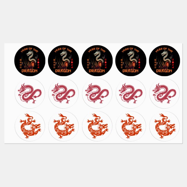 Étiquettes Dragon chinois Zodiac 2024 (Feuille)
