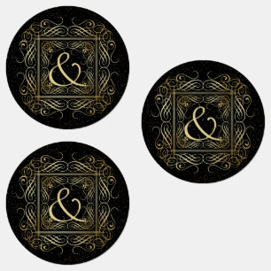Étiquettes Élégant or Foil Look Scrollwork Script sur noir