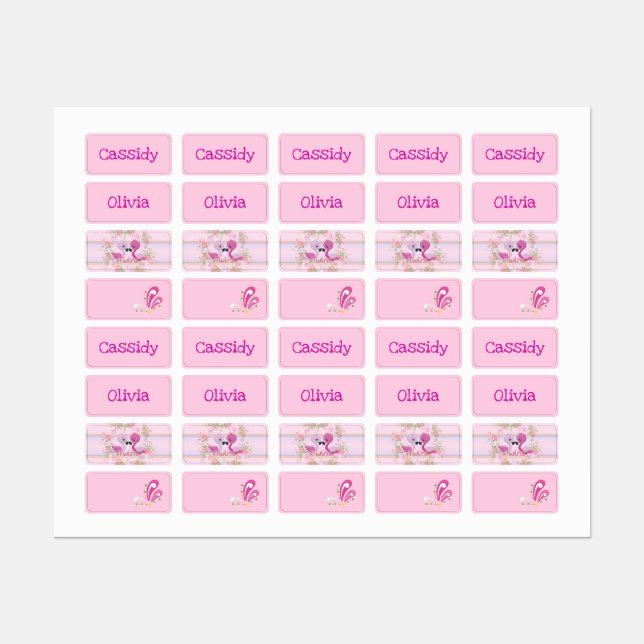 Étiquettes Flamants roses jumeaux pour filles avec des noms (Feuille)