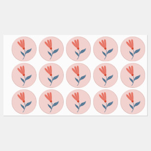 Étiquettes Fleurs de corail doux et motif de feuilles bleues