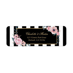 Étiquettes Florales Roses à Rayures Noires et Blan
