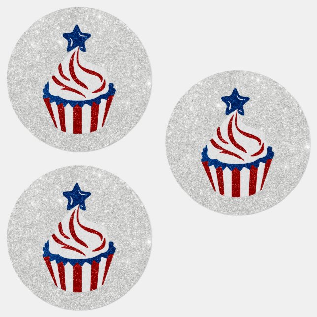 Étiquettes Gâteau Cupcake Rouge, Blanc & Bleu avec Paillettes (Groupe)