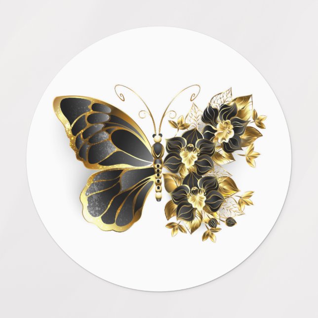 Étiquettes Gold Flower Butterfly with Black Orchid (Design 1)