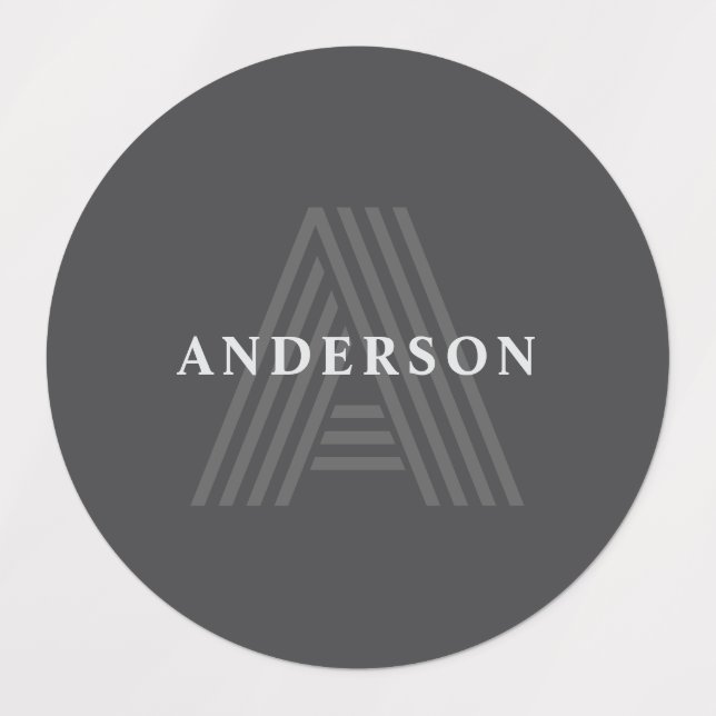 Étiquettes Gris foncé Rétro Moderne Monogramme Nom (Design 1)