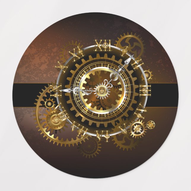 Étiquettes Horloge Steampunk avec des engrenages anciens (Design 1)