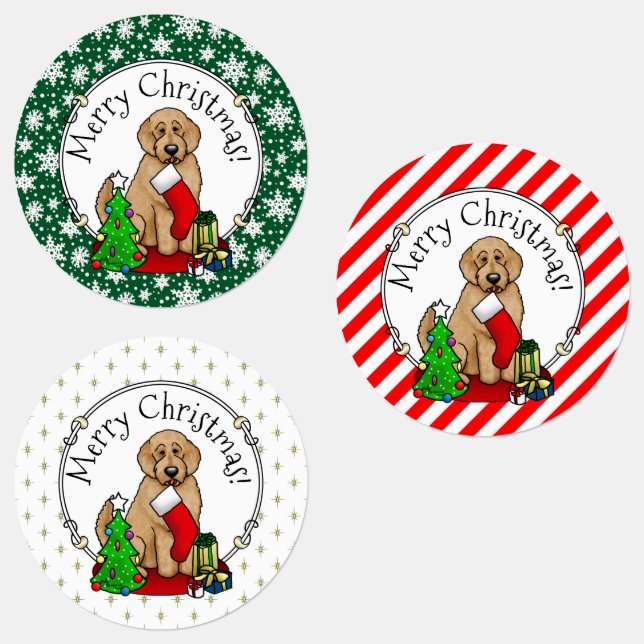 Étiquettes Joyeux Noël 2 Goldendoodle (rouge doré) mignonne (Groupe)