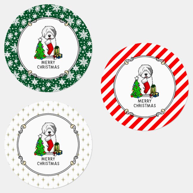 Étiquettes Joyeux sapin de Noël 2 Vieux anglais Chien de mer  (Groupe)