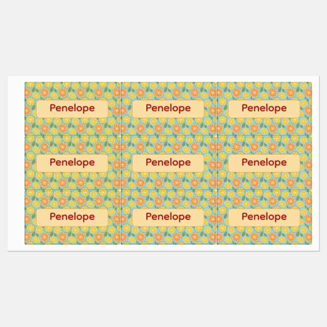 Étiquettes Lemon yellow blue pattern Labels with name (Feuille)