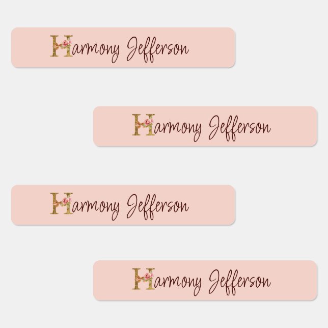 Étiquettes Lettre de nom personnalisée H Rose blush de feuill (Groupe)