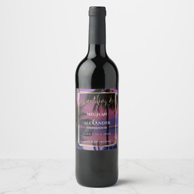 Étiquettes mariage du vin | Plage de nuit tropical (Devant)