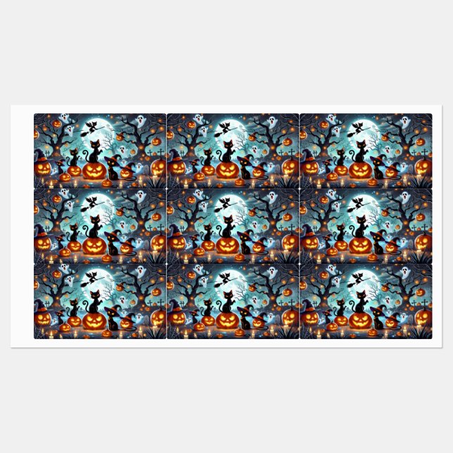 Étiquettes Midnight Magic: Black Cats & Pumpkins Halloween  (Feuille)