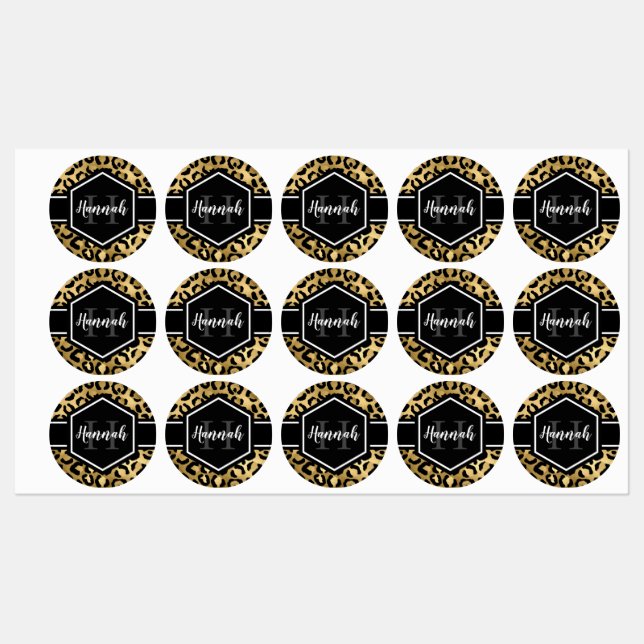 Étiquettes Monogramme de points de léopard noir or (Feuille)