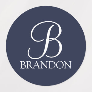 Étiquettes Monogramme et nom de script personnalisé bleu mari